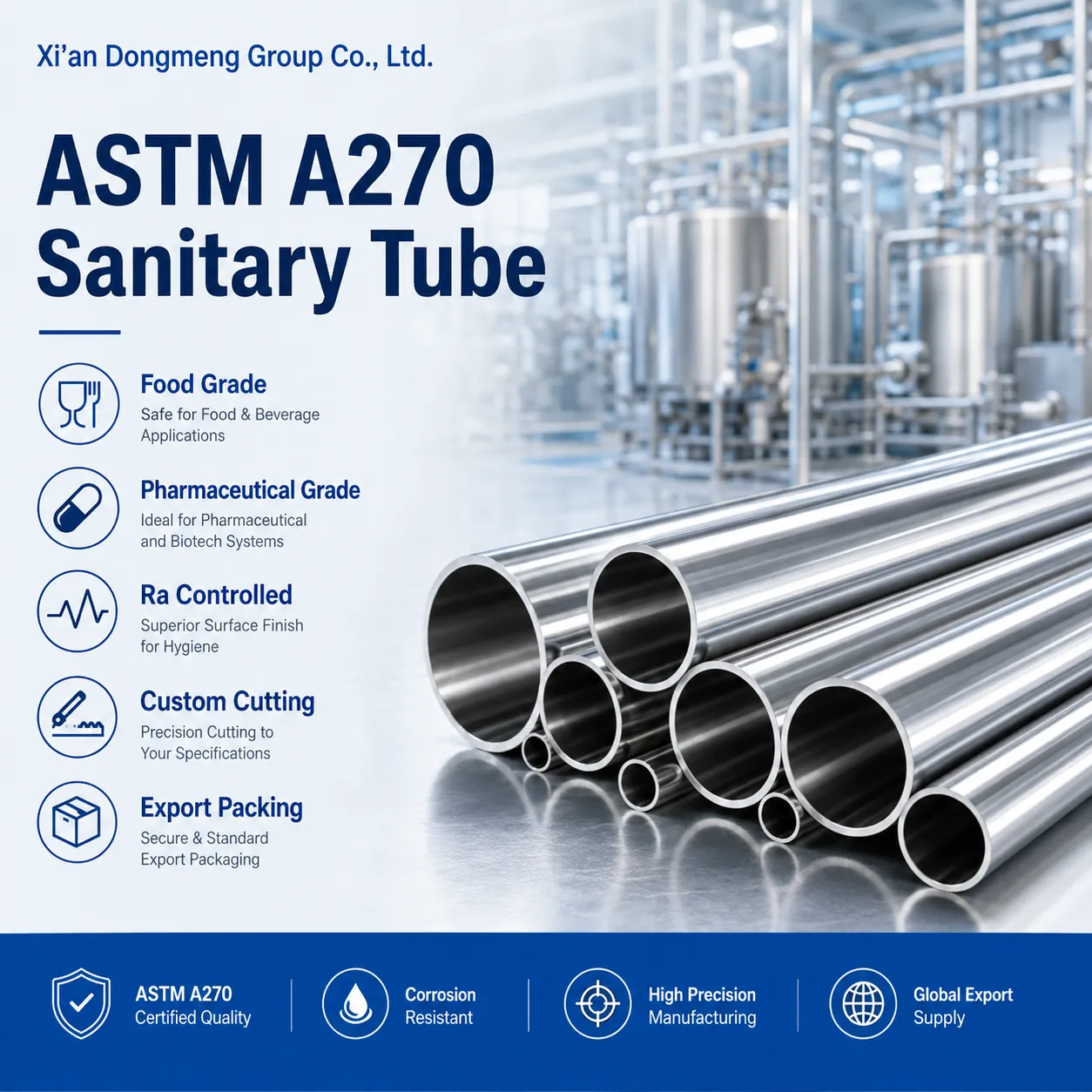 ASTM A270 ผู้จำหน่ายท่อสแตนเลสสุขาภิบาล|หลอดอาหารเกรด 304L / 316L